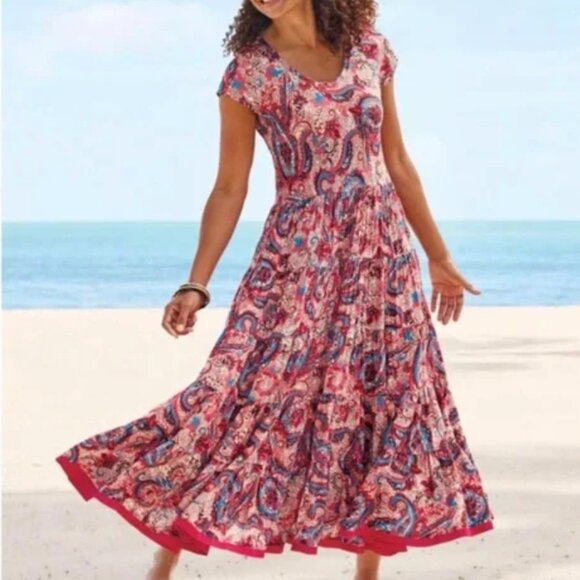 Soft Surroundings Kara Framboise Dress Medium Pink Blue Paisley Maxi Full Skirt